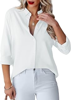Diosun Womens Button Down Shirts V Neck Long Sleeve Office Casual Business Plain Blouse Tops with Pocket