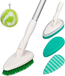 Qaestfy 4-in-1 Shower Scrubber for Tub and Tile, 130cm Long Handle Bathroom Cleaning Brush with Soft & Stiff Bristles, Non-Scratch Cleaner for Bathtub and Floor