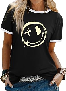 WIEIYM Women's T-Shirts Round Neck Short Sleeve T-Shirt Rainbow Graphic Summer T-Shirts Good Vibes Letter Print T-Shirts Casual Tops