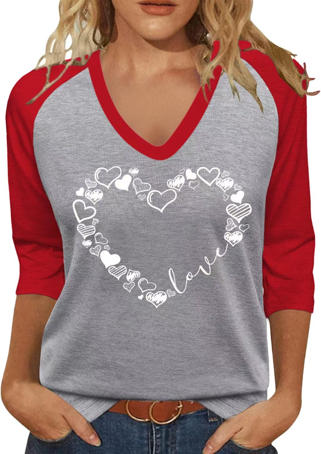 Vircreate T-shirt da donna con maniche a 3/4 e scollo a V, per San Valentino, pr