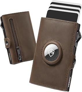 YESIIW Airtag Portafoglio Vera Pelle, Pop up Portecarte Airtag per 10 Cartes & 2 ID Fenter, Porta Carte di Credito Uomo con RFID Blocco & Monete(Vera Pelle, Marrone)