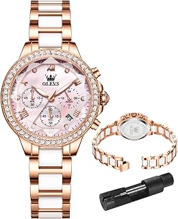 OLEVS Women's Stainless Steel Ceramic Watch - Chronograph Waterproof Quartz Ladies Dress Watch - Two Tone Diamond Fashion Luxury (Pink/Black/Silver Dial)