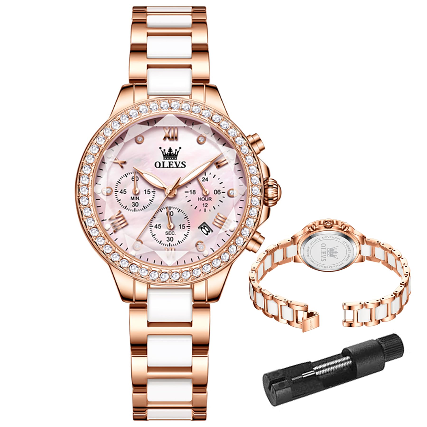 OLEVS Women's Stainless Steel Ceramic Watch - Chronograph Waterproof Quartz Ladi