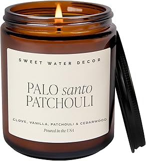 Sweet Water Decor Palo Santo Patchouli Candle, 9oz Amber Glass Jar, Soy Wax | Clove, Vanilla, Patchouli & Cedarwood Scented Candle, Cozy Home Fragrance, 40+ Hour Burn Time, Poured in the USA, Soy Wax