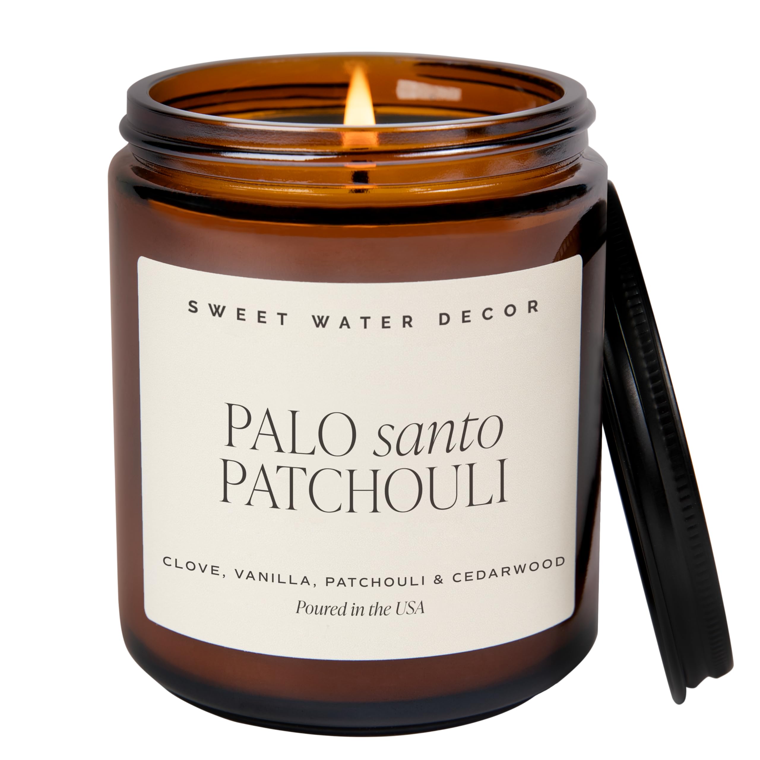 Sweet Water Decor Palo Santo Patchouli Candle, 9oz Amber Glass Jar, Soy Wax | Cl