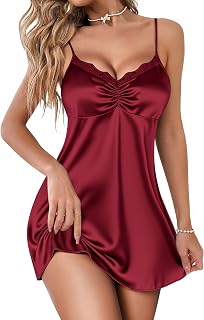 Ekouaer Lencería sexy para mujer, camisón de seda, pijama de encaje con cuello en V, babydoll de satén, camisón de noche