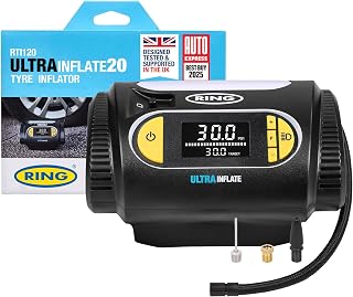 RING ULTRAINFLATE 20 Digital Tyre Inflator with Auto-Stop | Compact & Portable Design, Easy-to-Read Digital Display, Suitable for Cars & Bicycles, Powered by Car Cigarette Lighter