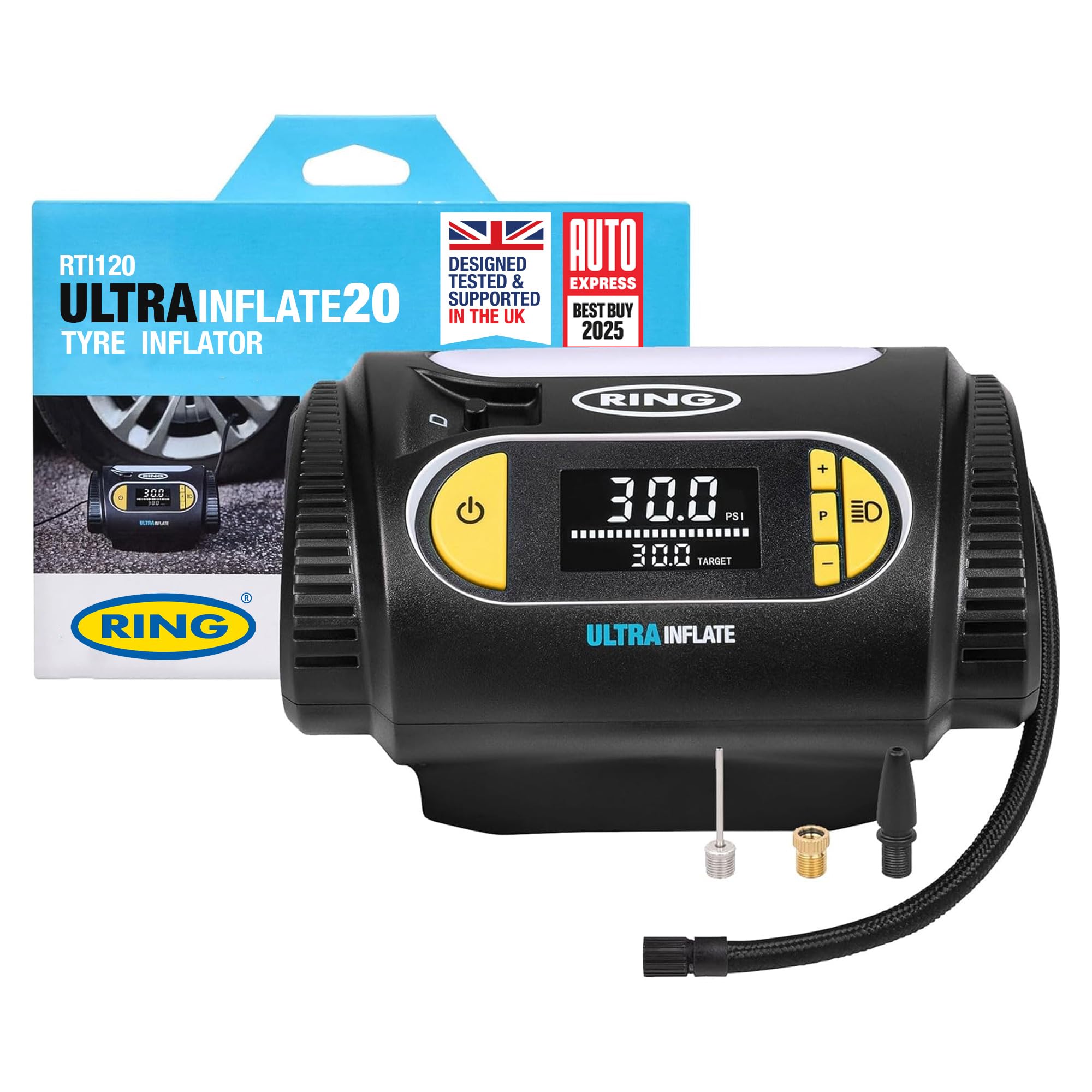 RING ULTRAINFLATE 20 Digital Tyre Inflator with Auto-Stop | Compact & Portable D