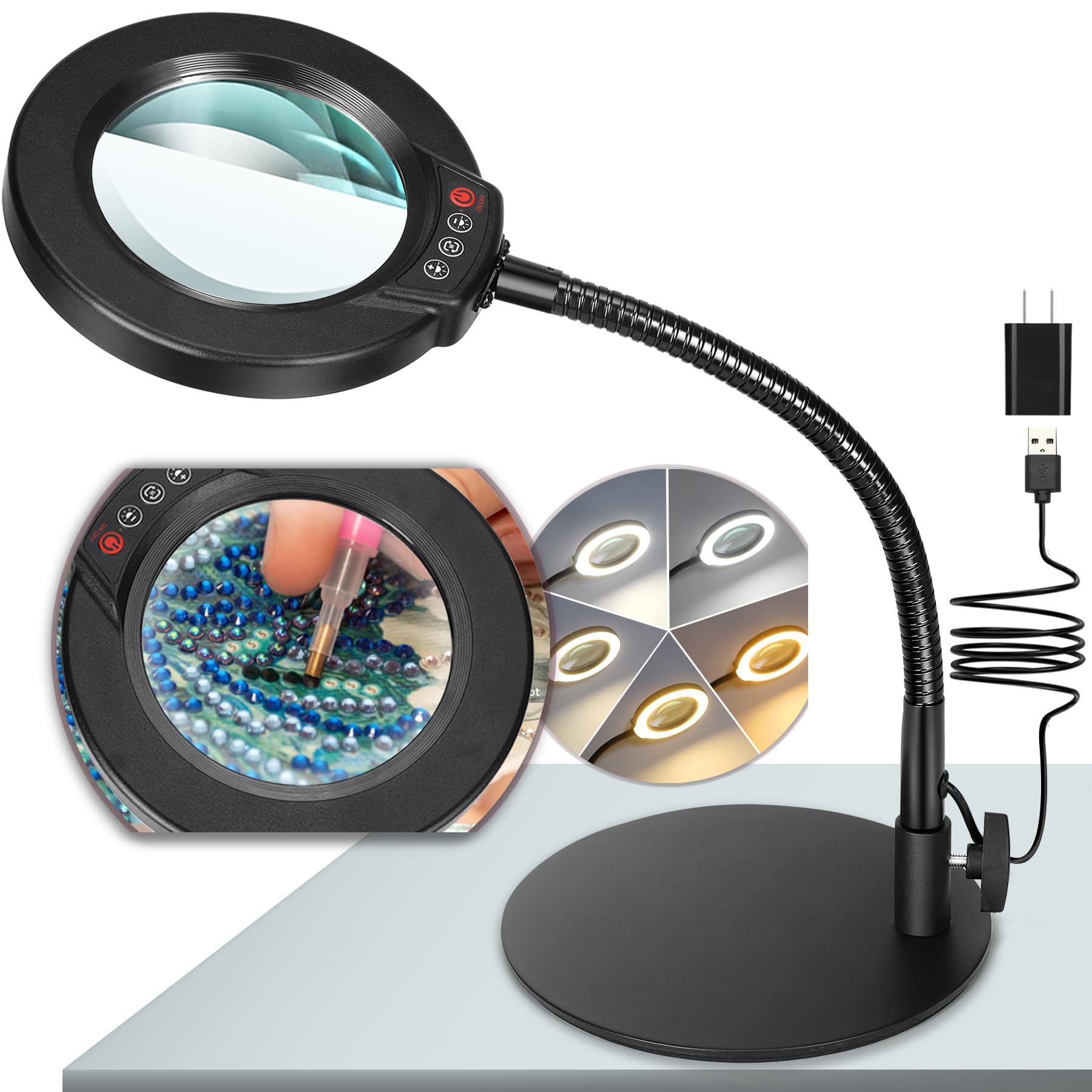 Krstlv 10X Magnifying Glass with Light and Stand, 5 Color Modes Stepless Dimmabl