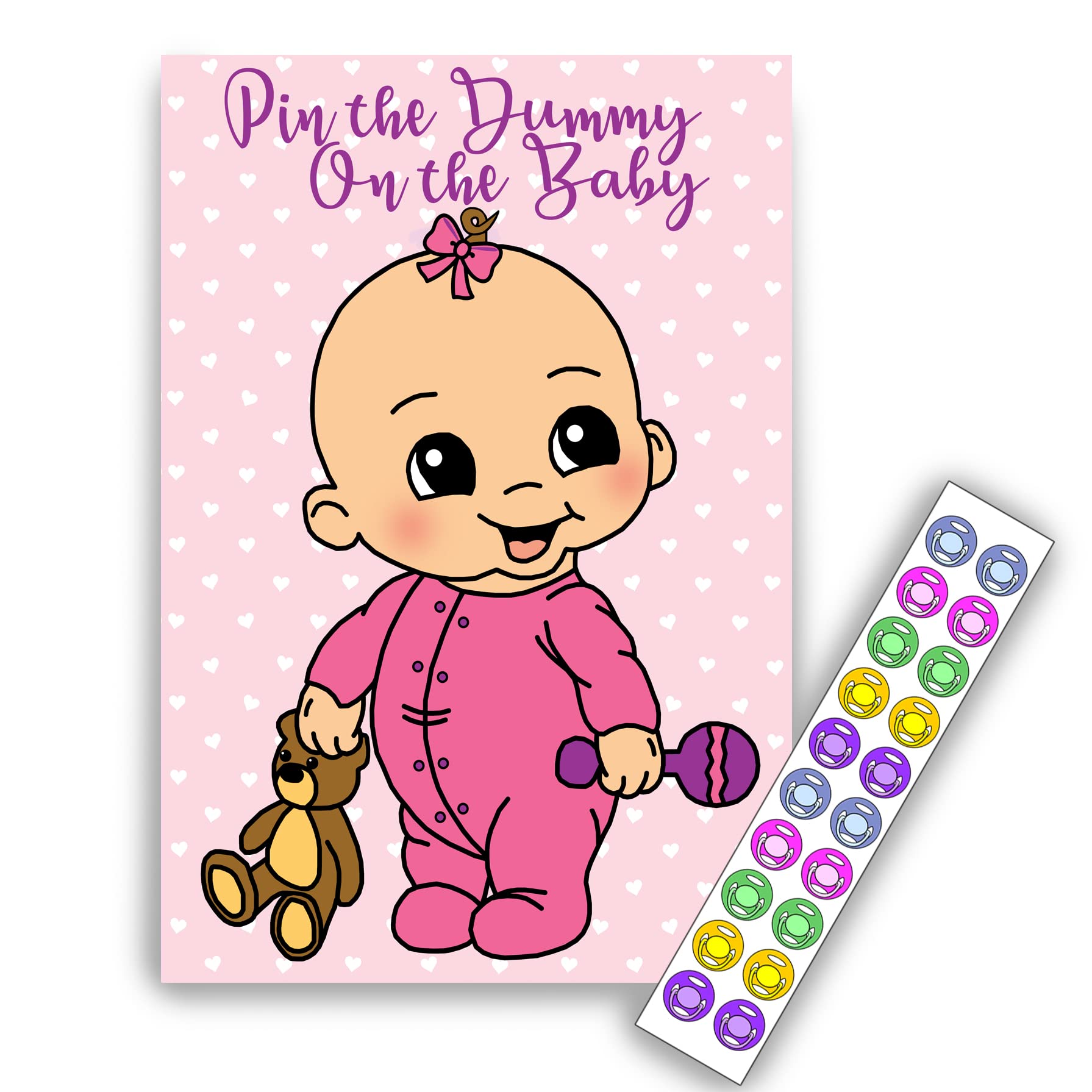 Pin the Dummy Baby Shower Game – Pink A3 Poster with 20 Dummy Stickers | Pink A3