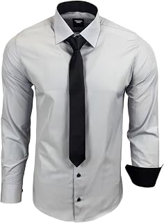 Subliminal Mode - Men's Long-Sleeved Shirt with Two-Tone Collar Plain + Black Tie Shirt Slim Fit Business Easy Iron RN77