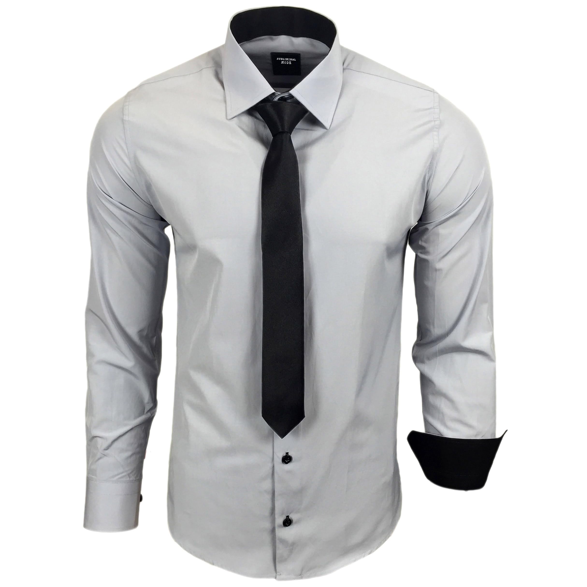Subliminal Mode - Men's Long-Sleeved Shirt with Two-Tone Collar Plain + Black Ti