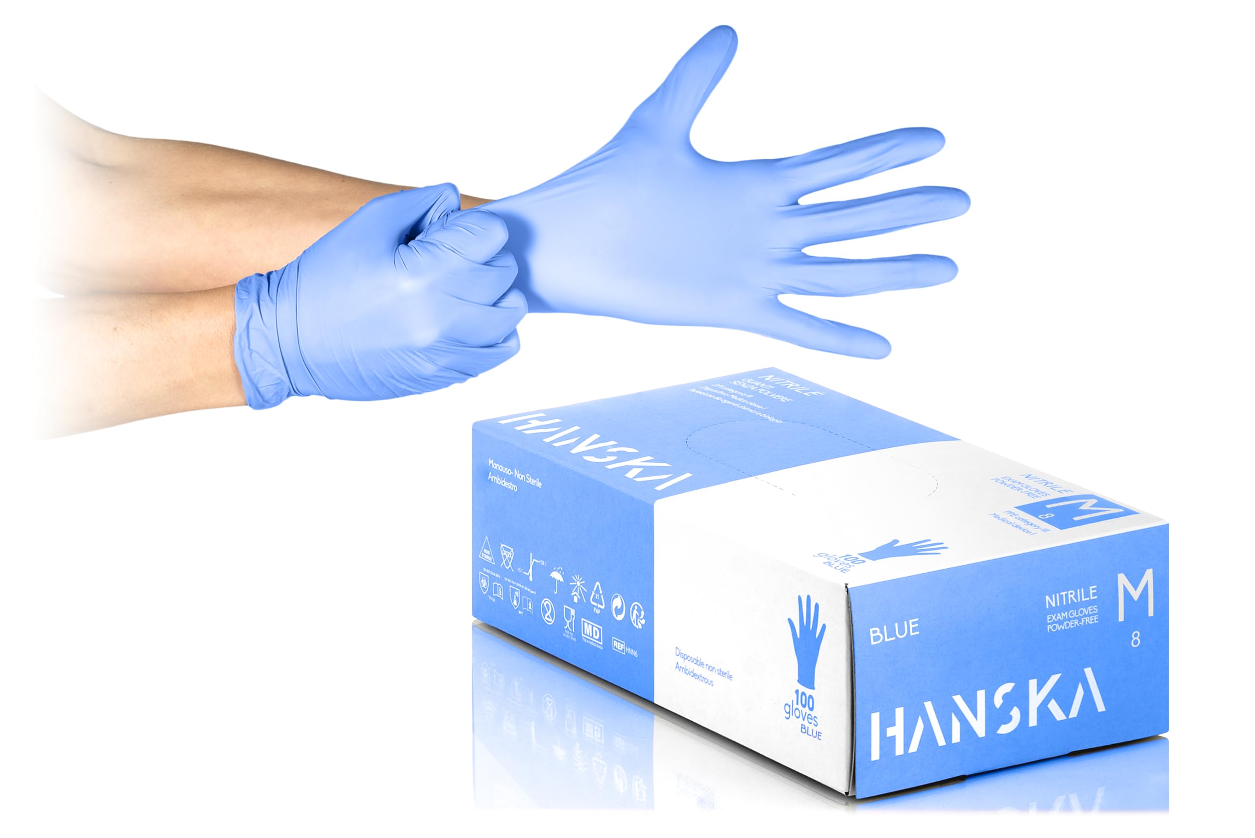 HANSKA 100 Disposable Nitrile Gloves, Blue, M | Dust Free, Disposable - Ambidext