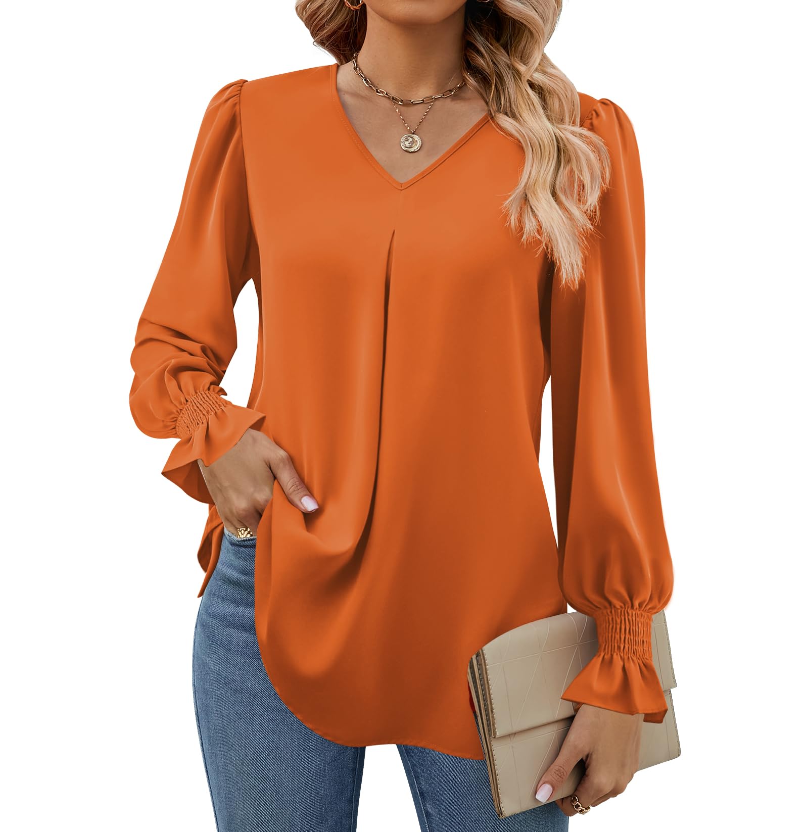 Funlingo Women's 2025 Long Sleeve Tops Dressy Casual V Neck Tunic Shirts Loose C