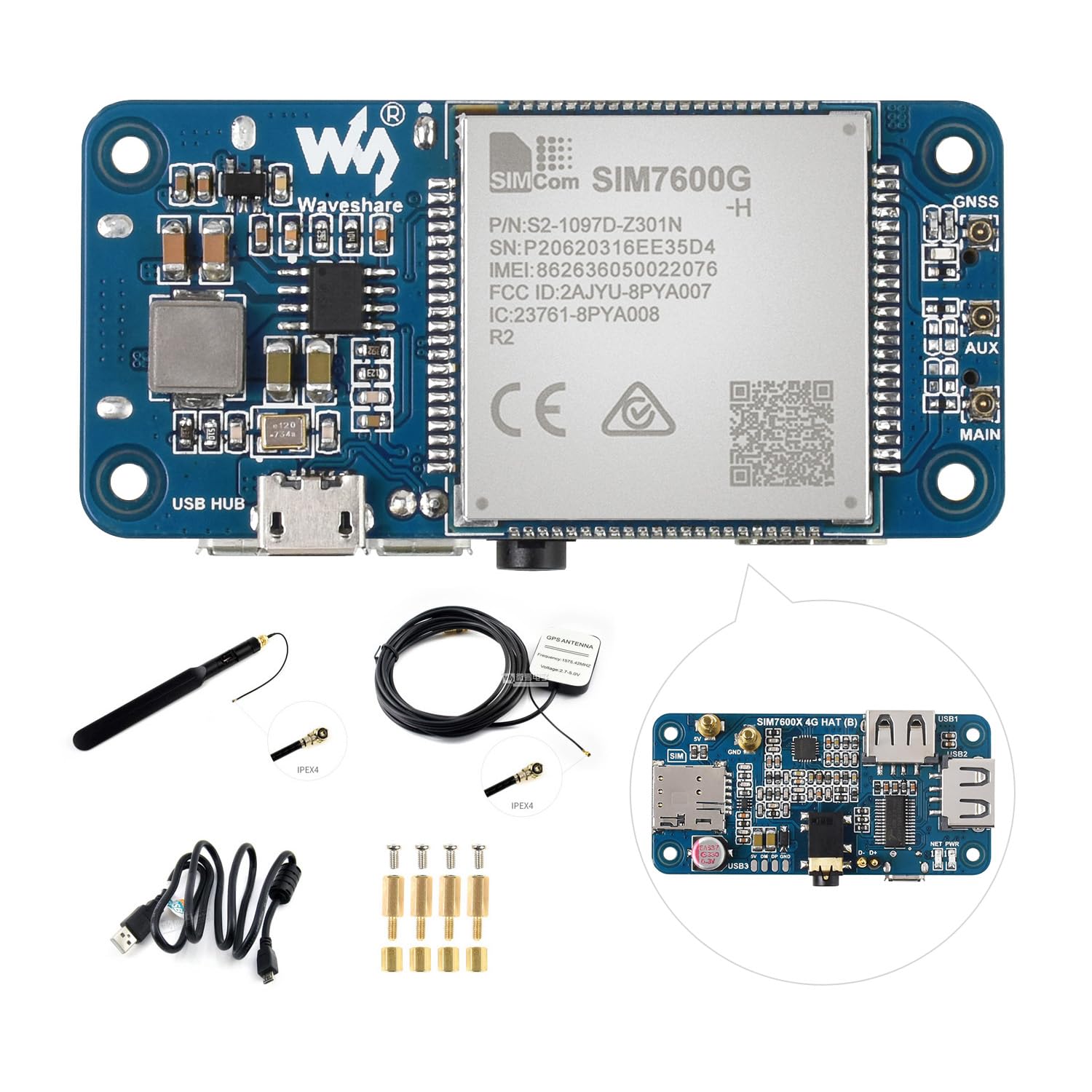 Waveshare SIM7600G-H 4G HAT (B) for Raspberry Pi Supports LTE Cat-4 4G/3G/2G GNS