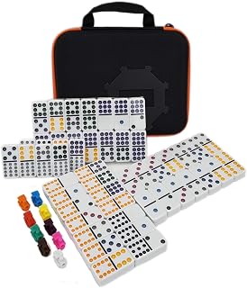 Kalolary Double 12 Mexican Train Dominoes, 91 Tiles Dot Dominoes Games in a Nylon Box with 9 Trains Instruction Booklet Score Pads and Octagon Shape Hub Family Party Table Games