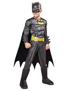 Rubies at Party City DC Comics Superheroes: Batman Costume | Officially Licensed, Kids Deluxe Costume, Padded Jumpsuit With Gauntlets And Boot Tops, Cape, Belt, and Mask