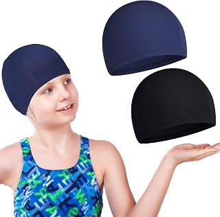 Geyoga 2 Stück Badekappe für Kinder Wasserdicht Unisex, Schwarz, Dunkelblau