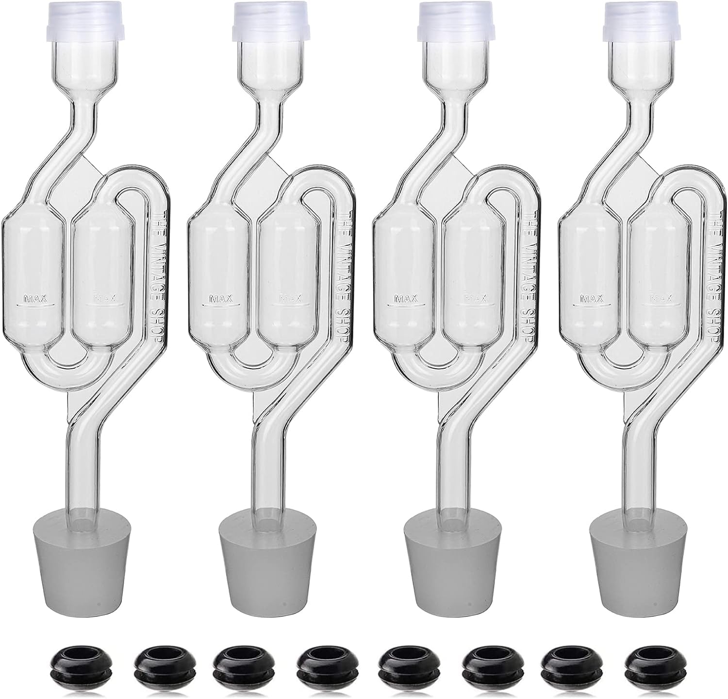 Bubble Airlock Set, 4 Airlocks for Fermenting, 4 Drilling #6 Stoppers and 8 Airl