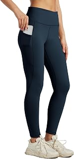 Willit Leggings da donna foderati in pile a vita alta invernali termici yoga pantaloni da corsa con tasche, Blu scuro, Large