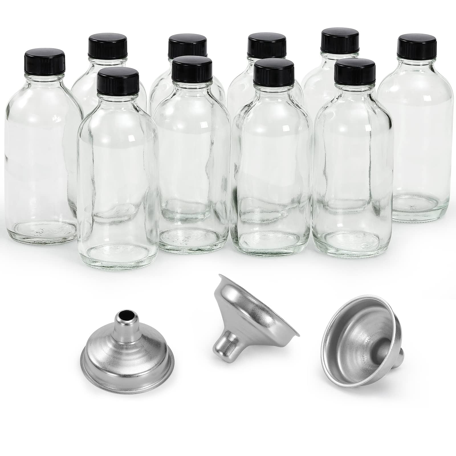 10 Pack, 4 oz Small Clear Glass Bottles w/ Lids & 3 Stainless Steel Funnel - 120