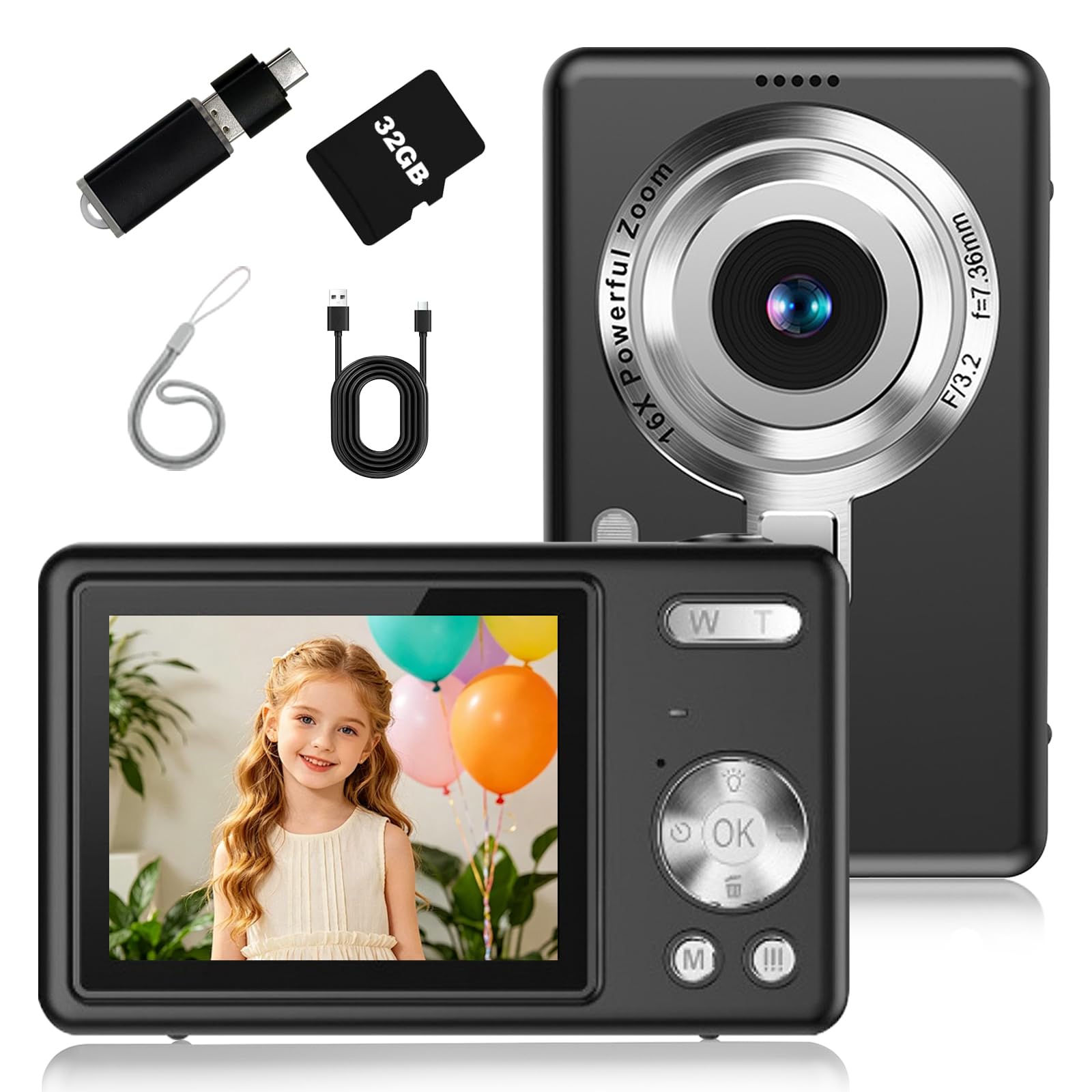 Digital Camera for Teens, Kids, 1080P with 32GB SD Card, Black | Rechargeable,16