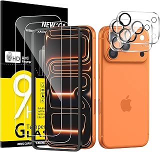 NEW'C Glass Film for iPhone 17 Pro + Camera Protection | Set of 4, 2 x tempered glass + 2 x camera protectors, transparent, installation kit included