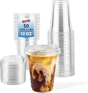 Caterserve 12oz Clear Plastic Cups with Sip Through Lids – 50 Pack Set – Great for Smoothies,Iced Drinks,slushies at Cafes, Restaurants, Events, and Takeaway Service