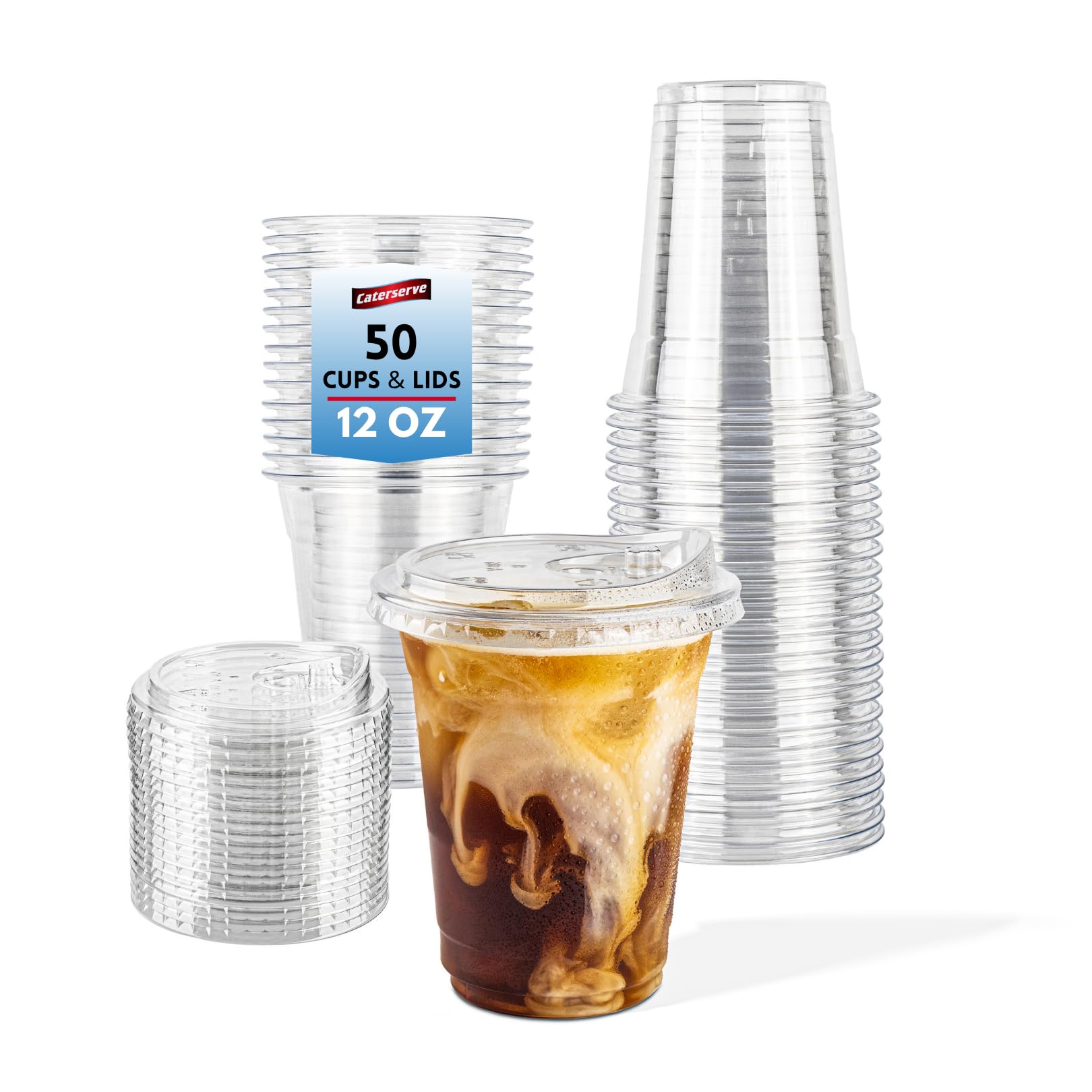 Caterserve 12oz Clear Plastic Cups with Sip Through Lids – 50 Pack Set – Great f