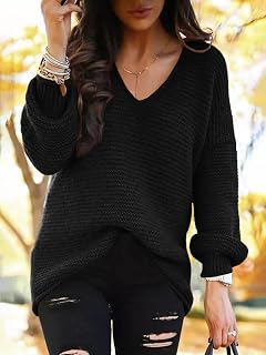 Womens Oversized Knit Pullover Long Sleeve V Neck Sweater