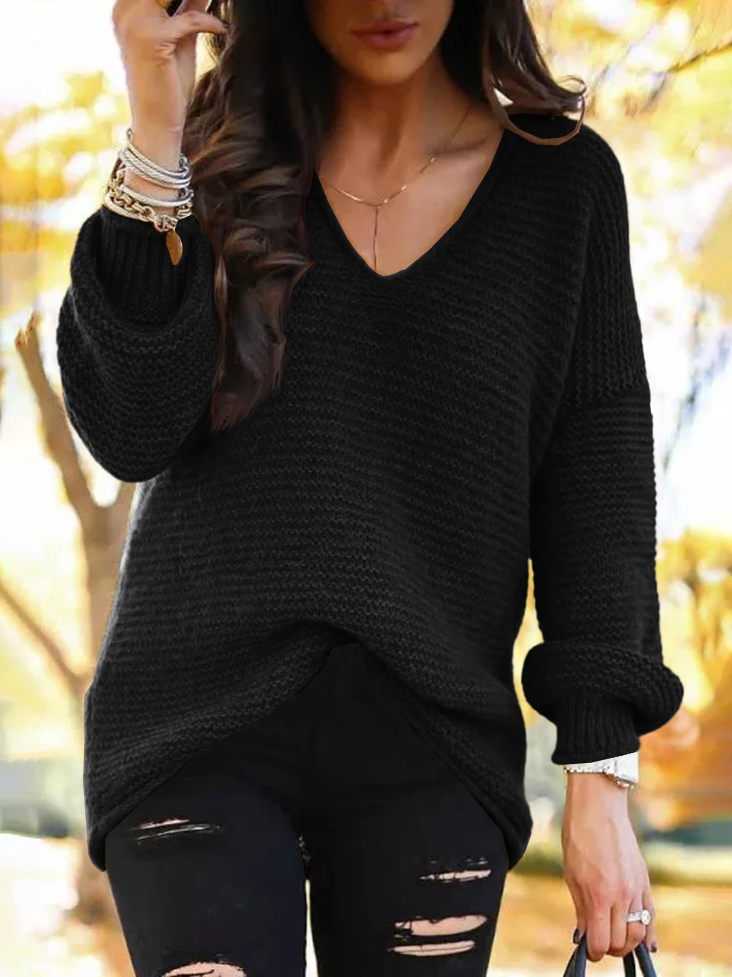 Womens Oversized Knit Pullover Long Sleeve V Neck Sweater