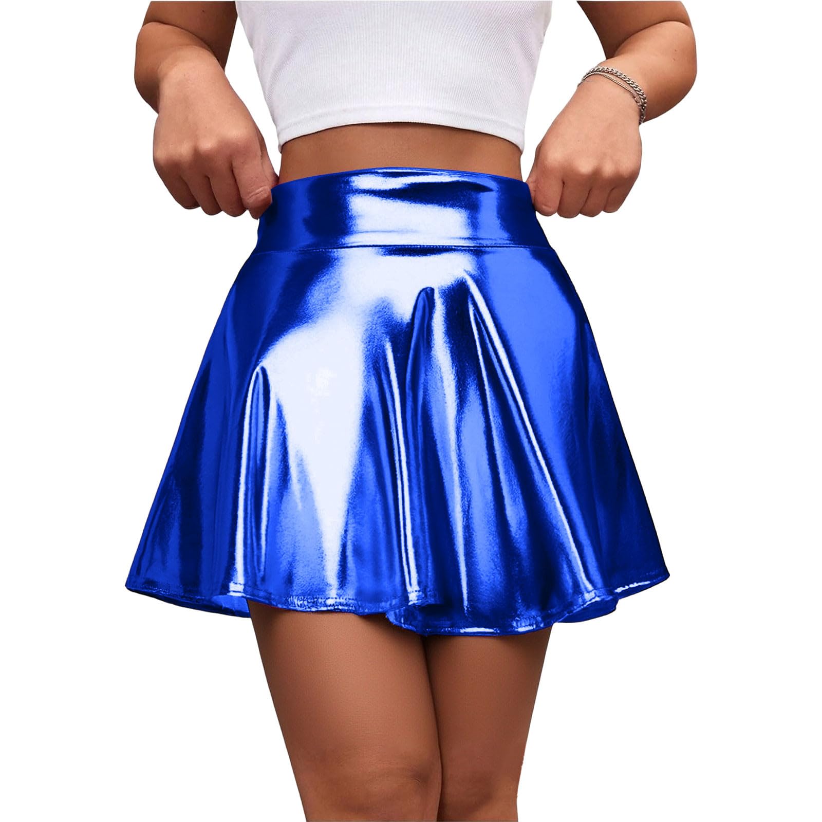 Women Shiny Metallic Ballet Dance Skirt Pleat Mini Skirts Scooter Skater Cheerle