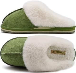 KuaiLu Slippers Women's Fluffy Plush Closed Winter Warm Slippers Women Cuddly Memory Footbed Home Slippers Non-Slip Fixed Sole Hut Shoes Indoor Outdoor