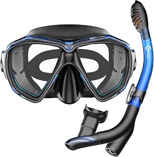 Dorlle Snorkel Set Diving Mask with Anti-Fog Tempered Glass, Anti-Leak Dry Top Snorkel Mask, Easy Breathing and Adjustable Snorkeling Gear for Adults and Youth