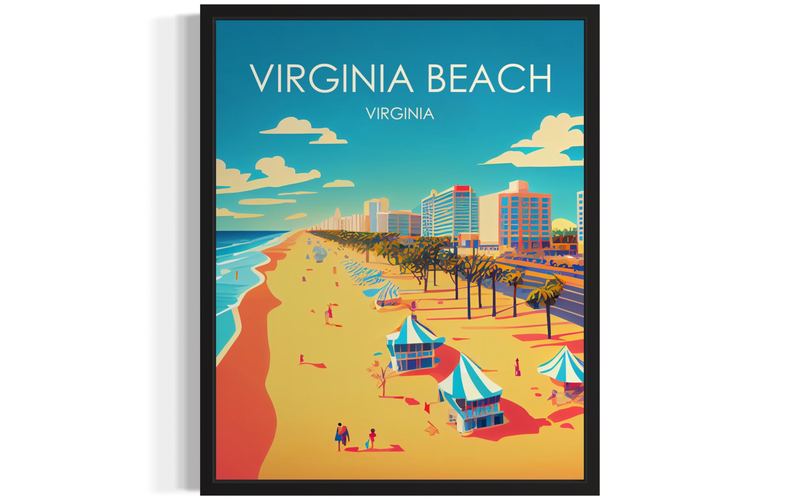 Virginia Beach Black Framed Poster Art Print, Retro City Mountain and Lake Lands