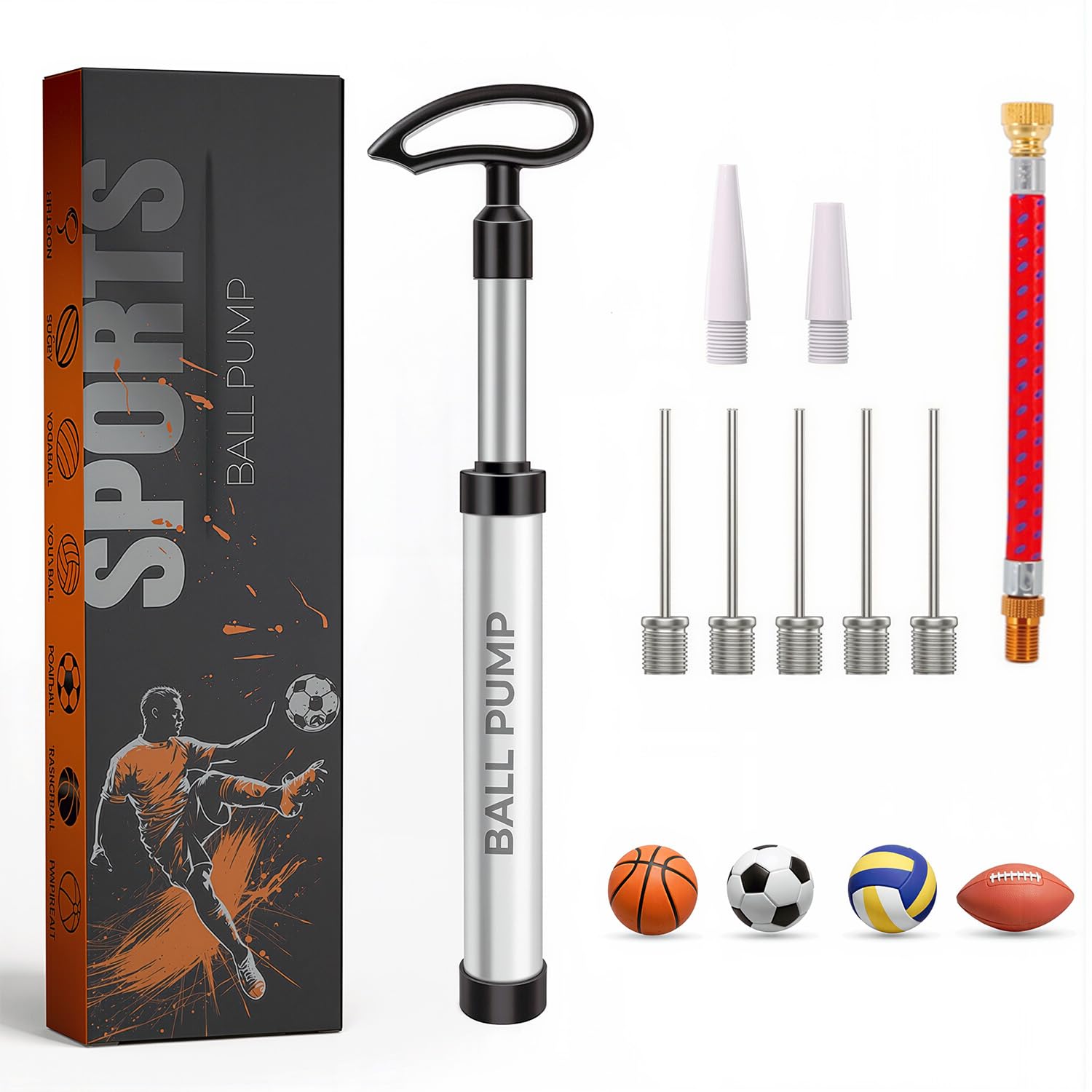 Active 100 Ball Pump with Needle - Football Pump with Nozzle & Extension Hose, f