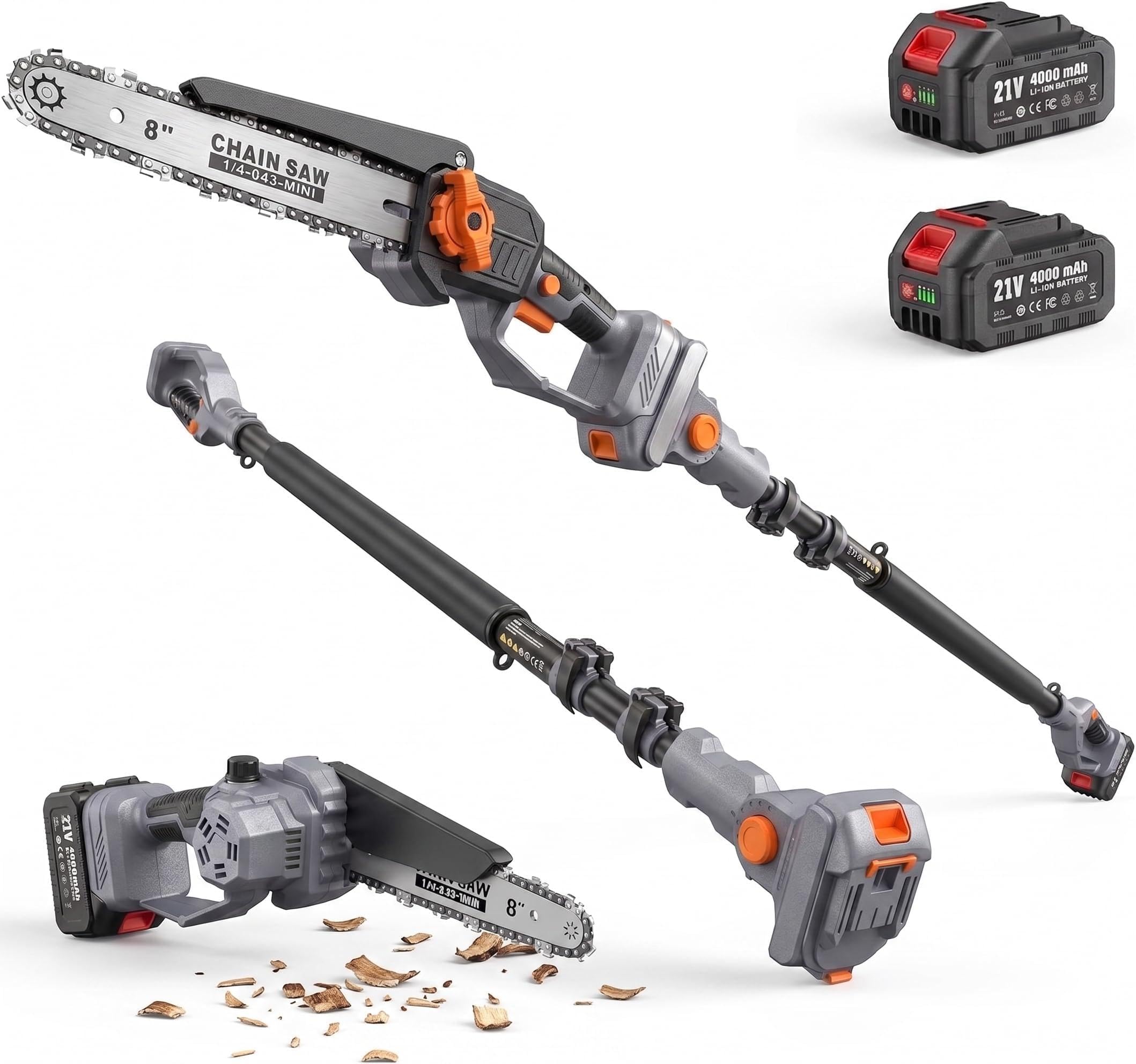 TaskStar 2-in-1 Pole Saw for Tree Trimming, 8-Inch Cordless Brushless Chainsaw w