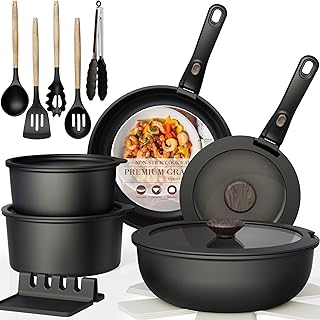 Astercook 21 Pcs Pots and Pans Set Non Stick, Ceramic Cookware Set Detachable Handle, RV Kitchen Cooking Set Removable Handles, Oven Safe, Induction Ready, Stackable, Black, Fathers Day Gift for Men