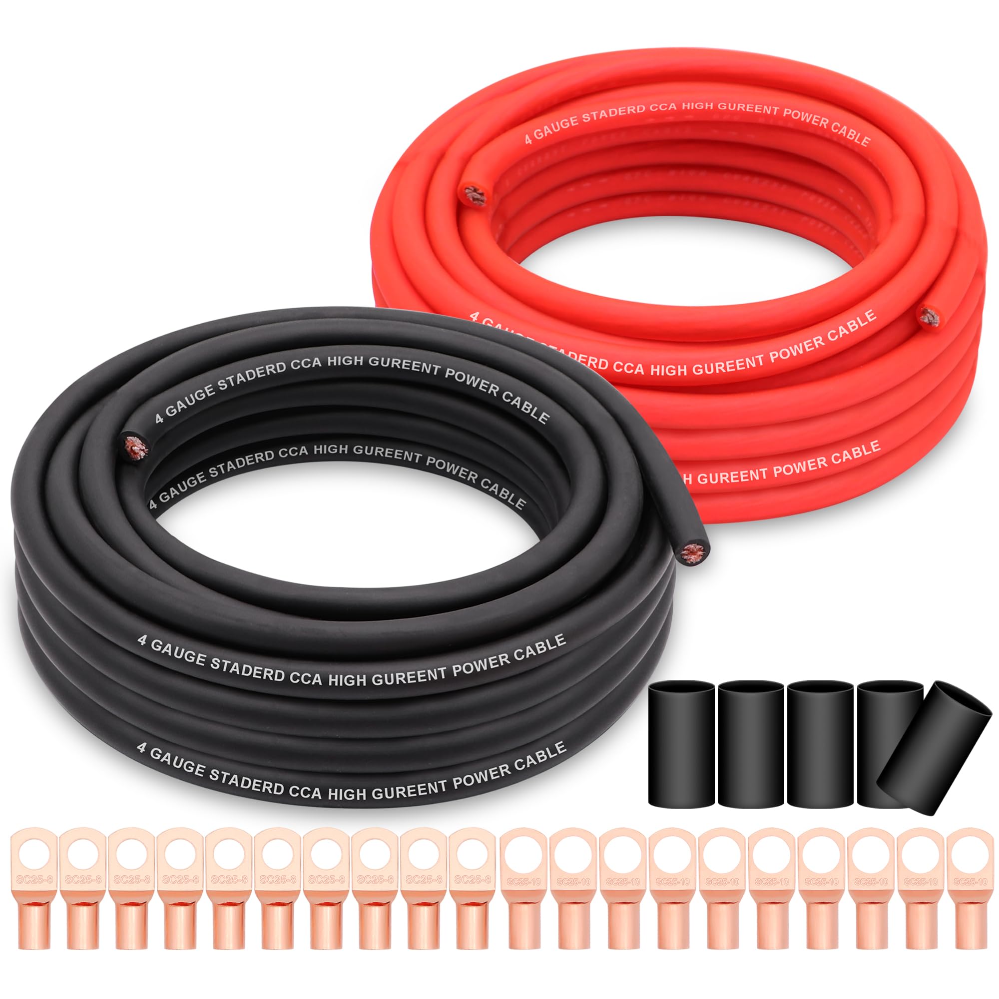 4 Gauge Wire Copper Clad Aluminum CCA 100FT Black/Red with 4ga lugs and Heat Shr