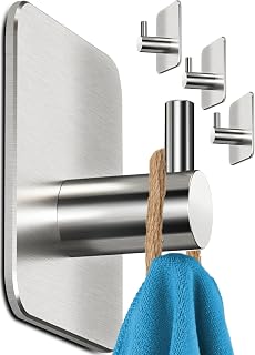 Menz Adhesive Hooks, 4 Pieces Bathroom Robe Hangers, Stainless Steel, Strong Self-Adhesive Towel Holder, Waterproof for Kitchen and Walls, Silver