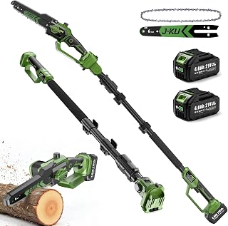 Cordless Pole Saw for Tree Trimming, 2-in-1 Mini Chainsaw, 2x4.0Ah Battery | J-KU 16 Ft Reach 8 Inch & 6 Inch Chainsaw with Extension Pole, Tool-Free Chain Tensioning, Tree Trimmer for Branch Limb Cut