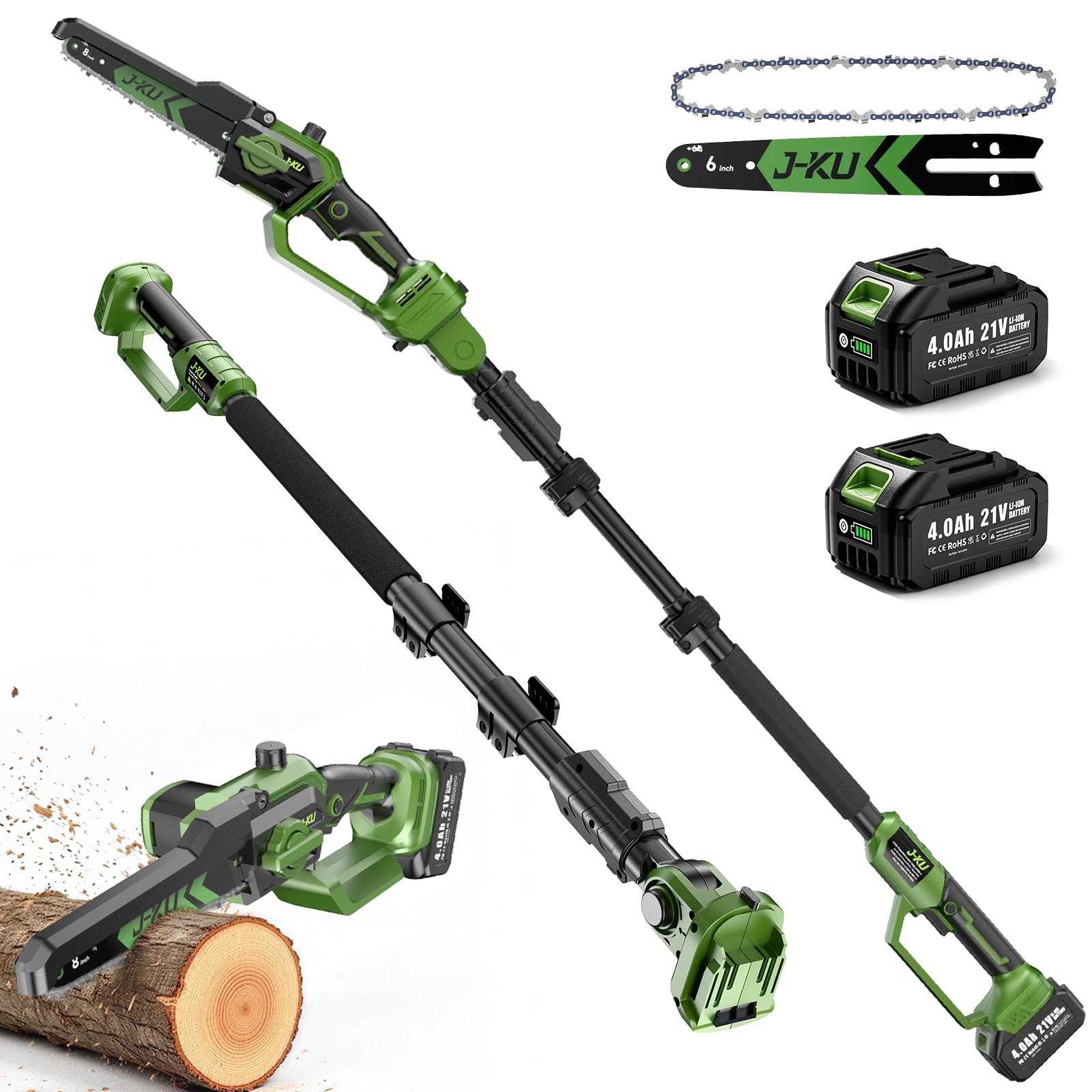 Cordless Pole Saw for Tree Trimming, 2-in-1 Mini Chainsaw, 2x4.0Ah Battery | J-K