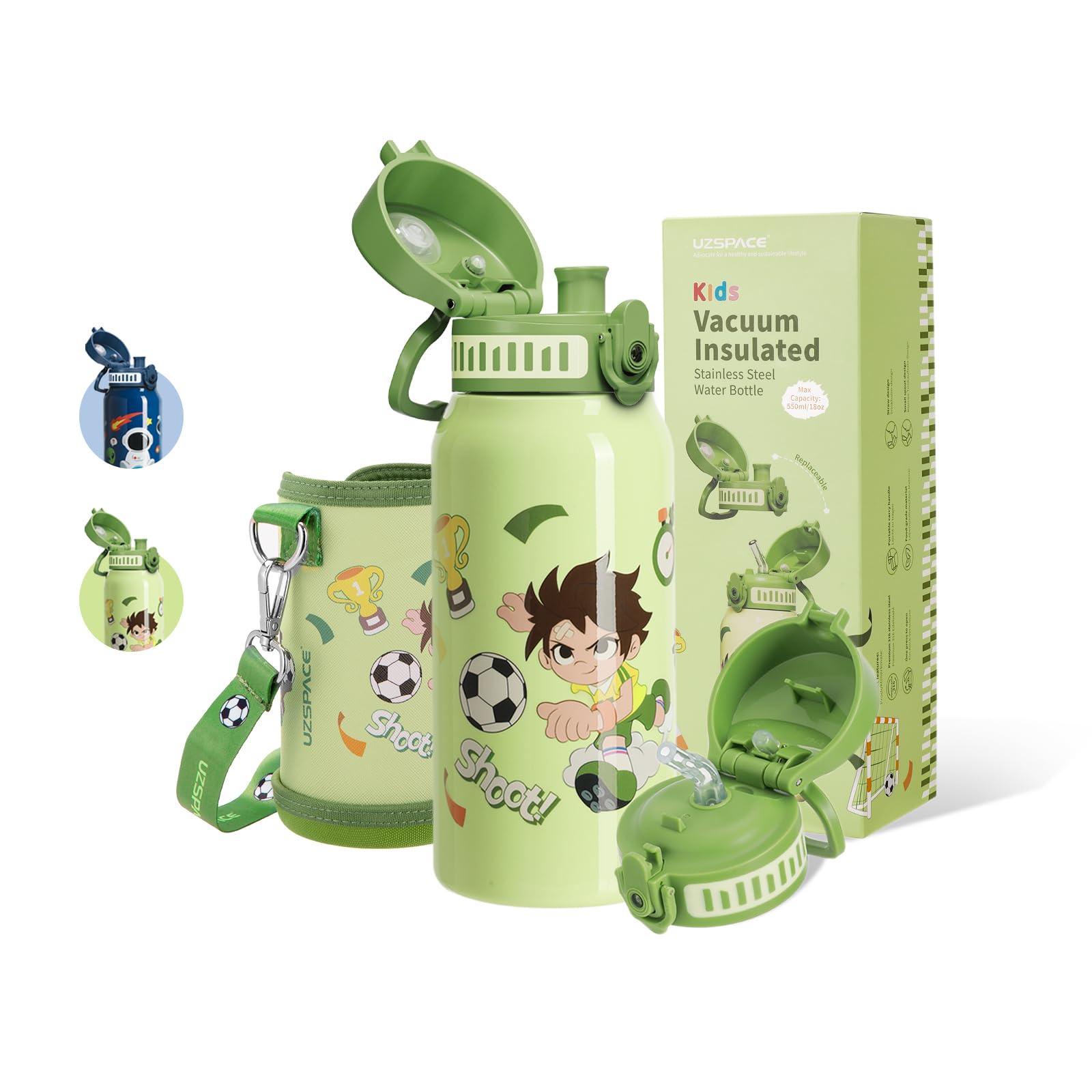 UZSPACE Kids Stainless Steel Water Bottle with Bottle Sleeve, 550ml Green