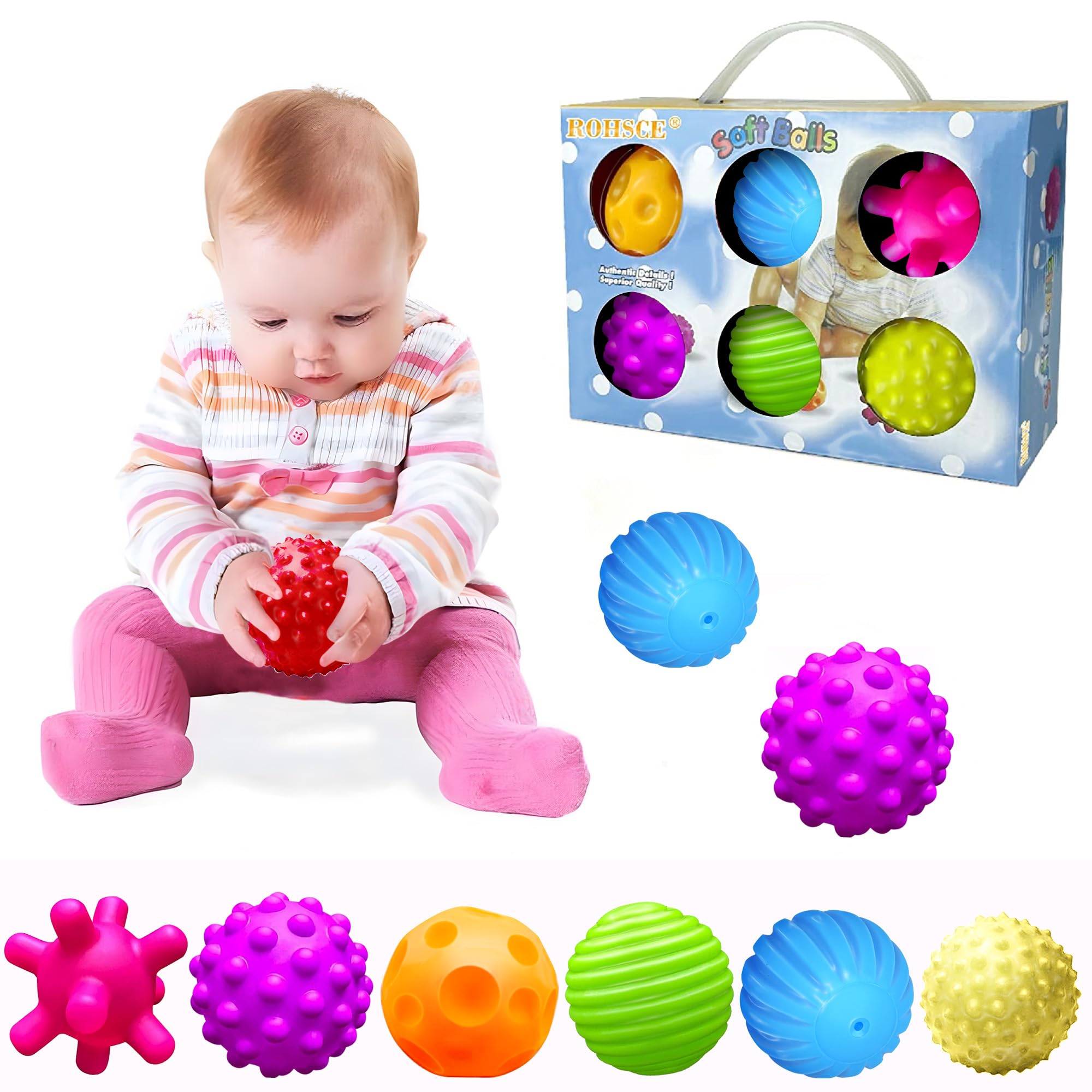 ROHSCE Sensory Balls for Baby, 6 Pack Baby Sensory Toys 6-12 Months | BPA-Free, 
