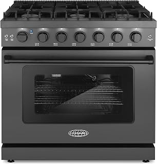 36 in. Haven Coll 6.0 cu. ft. 6 Burner Gas Range, Convection, Matte Black | Cosmo COS-EPGR366-BK Knob LED Indicators, Storage Drawer, Black Porcelain Cooktop, Liquid Propane Convertible, Sealed Burners