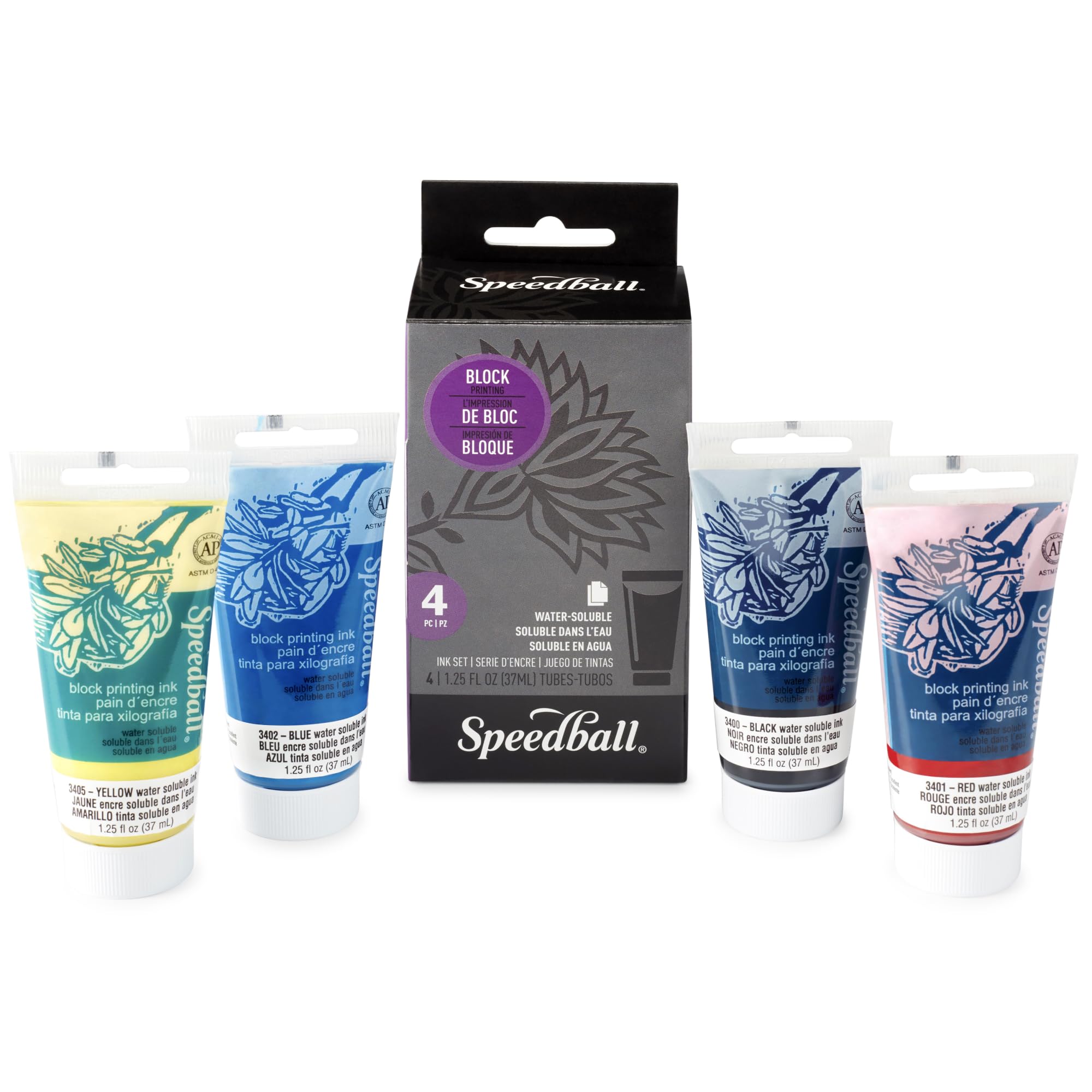 Speedball Water-Soluble Block Printing Ink Set – 4 Bold Colors With Satiny Finis