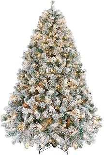 Yaheetech 6ft Pre-Lit Snow Flocked Artificial Christmas Tree, 250 Lights | White Lighted Full Xmas Tree for Holiday Decoration with 250 Warm White Lights and 820 Tips, Foldable Stand. Green & White