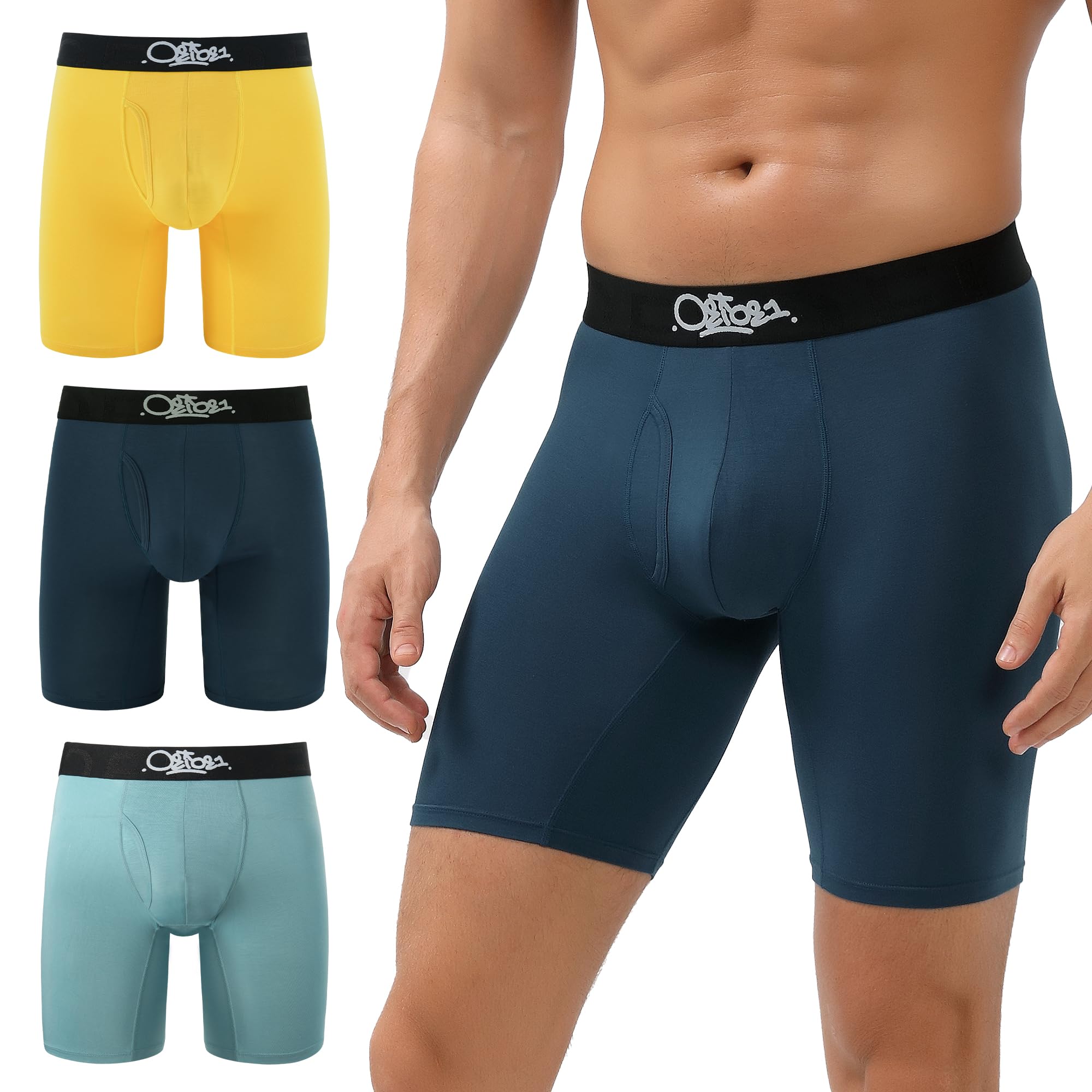 Men's Boxer Shorts Long Leg Bamboo Boxers with Fly Underpants 3 Pack