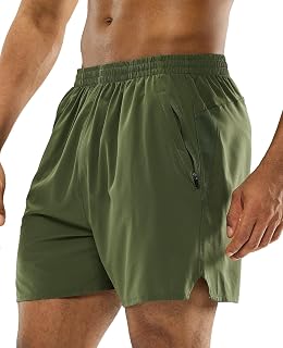 MIER Pantaloncini sportivi da uomo da corsa leggeri da 5 pollici con tasche con cerniera, elastico in vita, senza fodera, Outshine, L