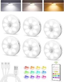 EZVALO RGB Under Cabinet LED Puck Lights with Remote, Motion Sensor Lights | 6-Pack with Remote, Rechargeable, Wireless, 3 Color Temps+ 12 RGB Colors, Magnetic, Dimmable, for Counter, Closet, Shelf